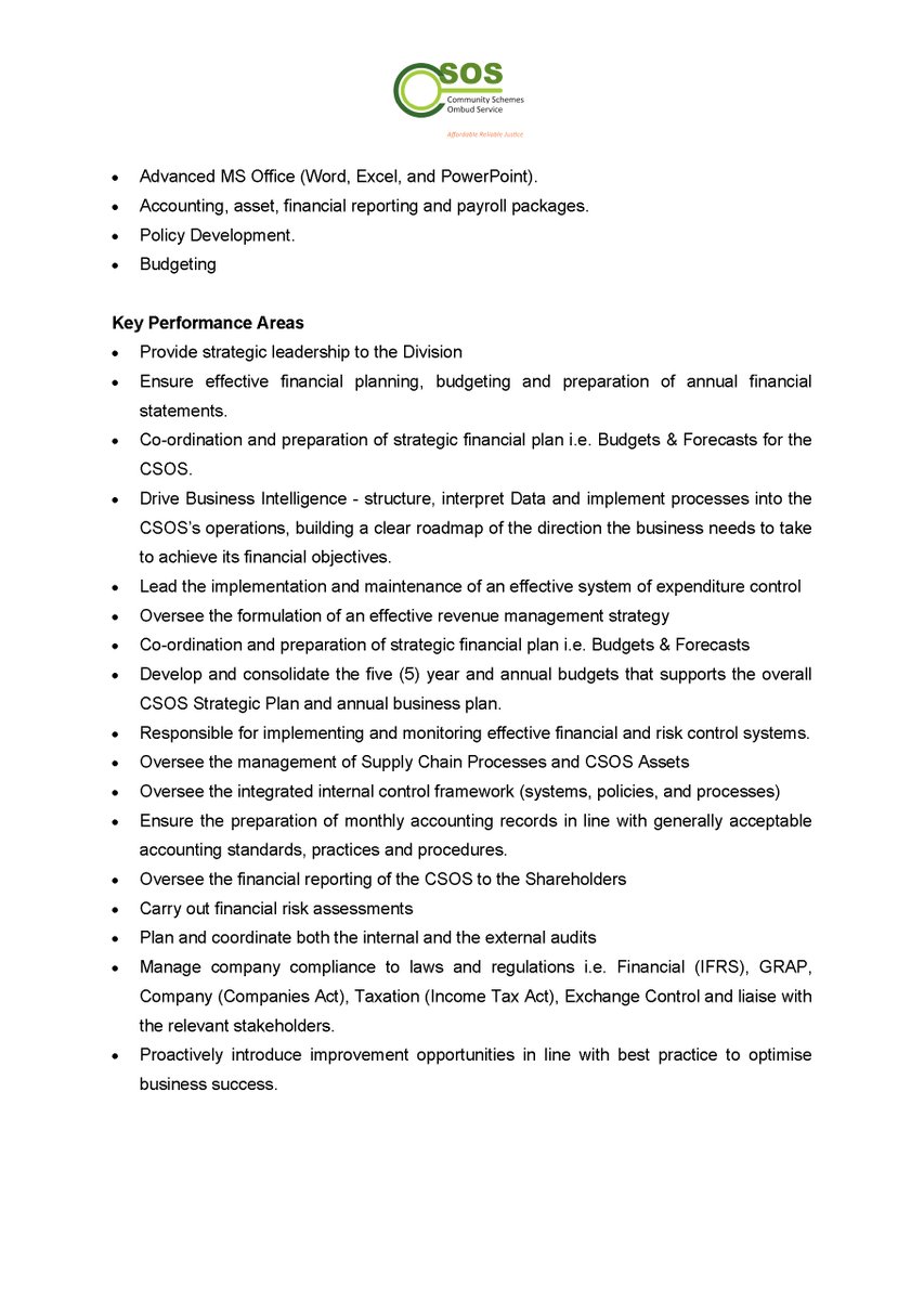 CSOS_SA's tweet image. VACANCIES: CHIEF FINANCIAL OFFICER