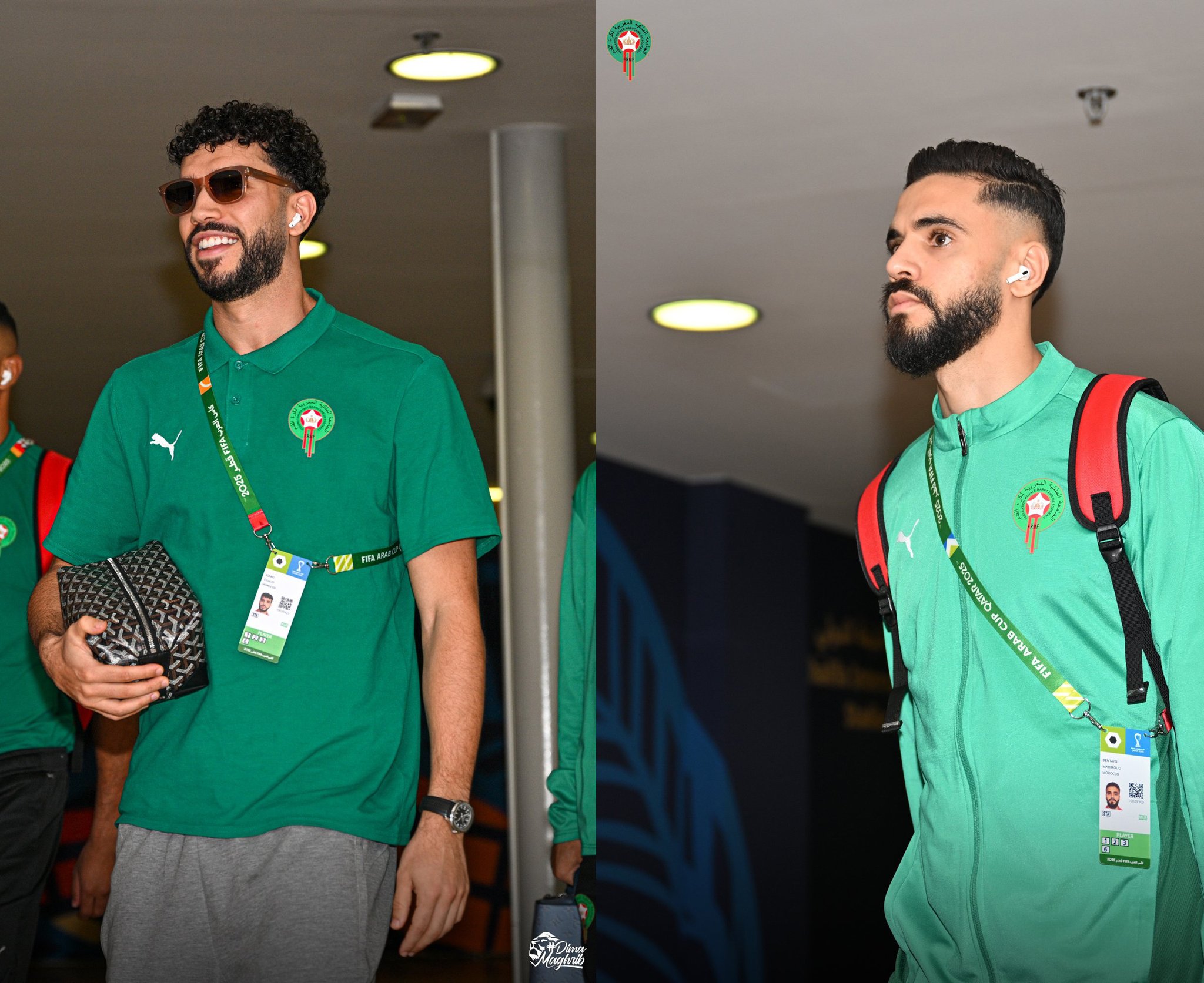 محمود بنتايج ووليد أزارو أثناء الوصول مع بعثة المغرب لملعب المباراة استعدادا لمواجهة الإمارات في نصف نهائي كأس العرب 