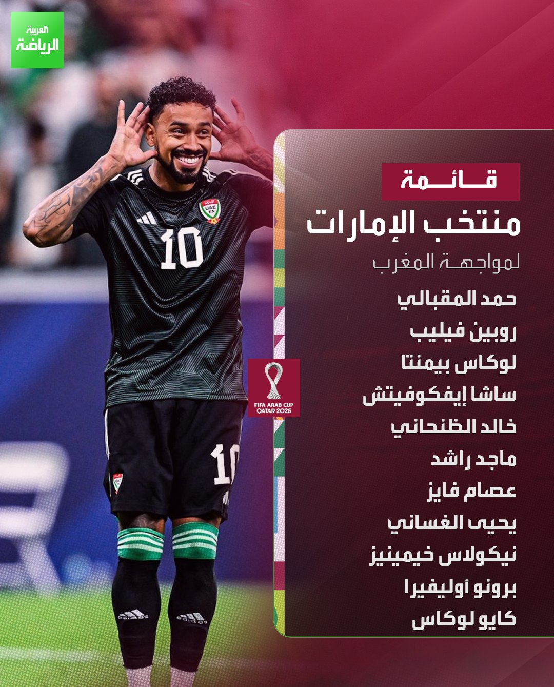 قائمة منتخب الإمارات لمواجهة المغرب في نصف نهائي كأس العرب 