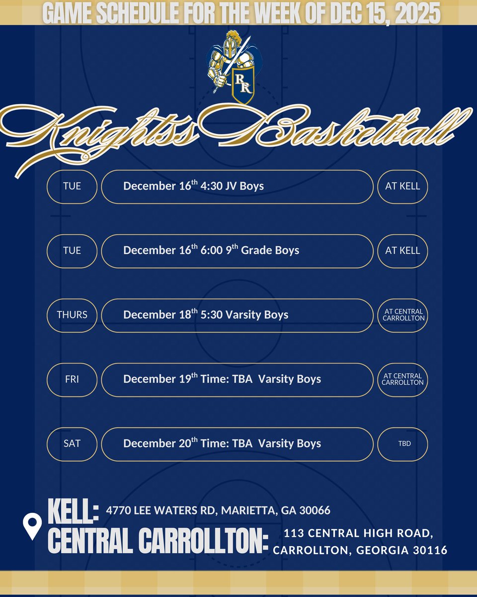 RR_KnightsHoops's tweet image. 📣THIS WEEK'S GAME SCHEDULE 
Week of December 15, 2025
⚔️🏀 
#LetsGoKnights 
#Swordsup⚔️