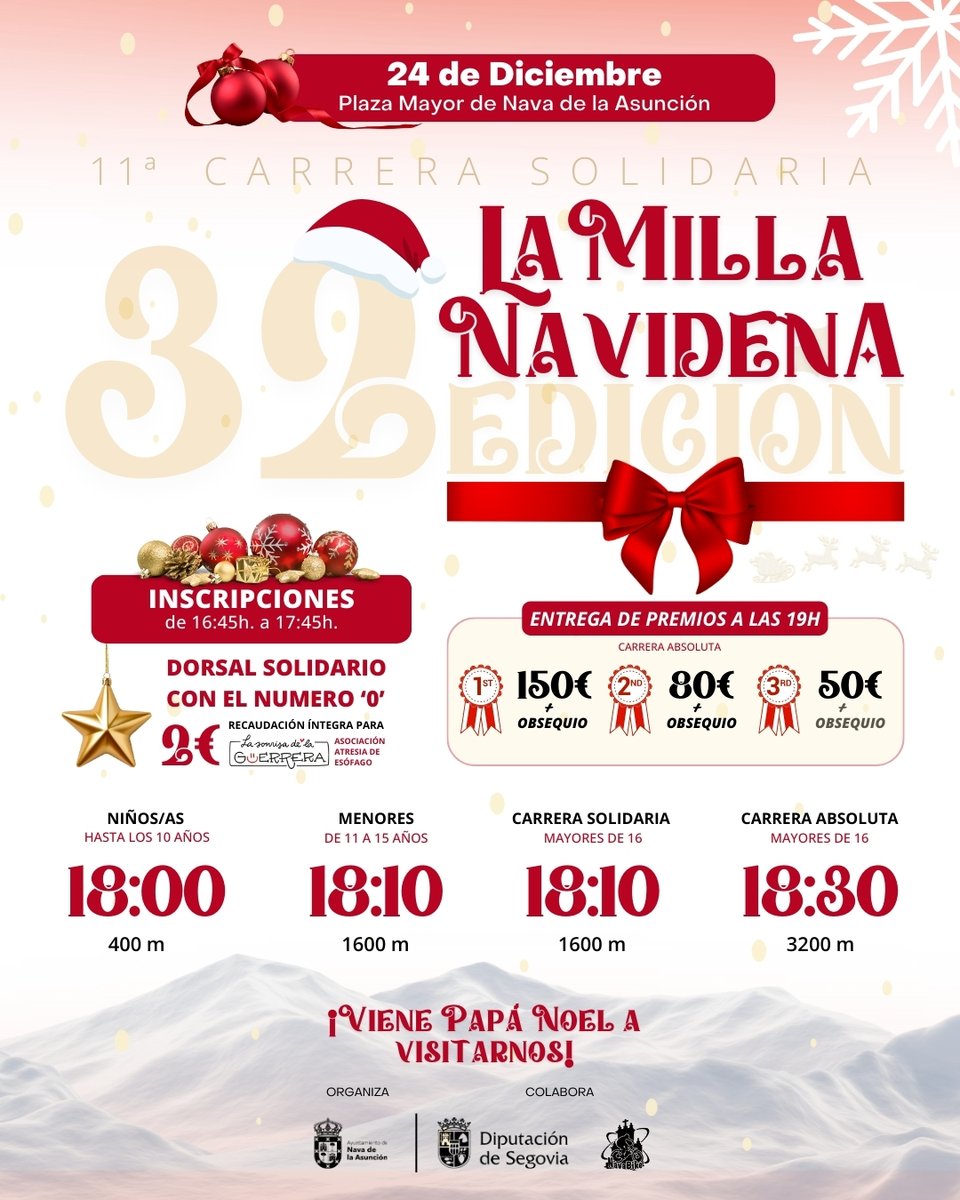 🎄 Ya tenemos aquí la 32ª edición de... ¡La Milla Navideña!

👇 Consulta el cartel para saber toda la información