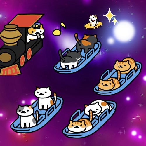 #ねこあつめ #ねこあつめ2宇宙ソリ遊泳🛷こいこいさんに呼ばれてる猫が2匹✨えきちょうさんが、進行方向に向くように、笛を吹いてるにゃ♬