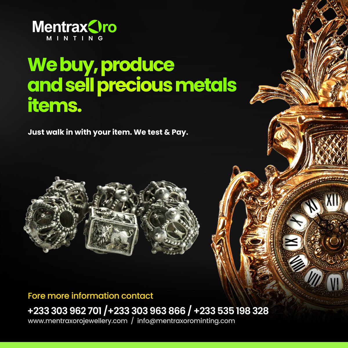 MentraxOro's tweet photo. We buy, produce and sell precious metals items. 
Just walk in with your item. We test &amp; Pay.

#mentraxorominting #PreciousMetals https://t.co/ikeHArVenU