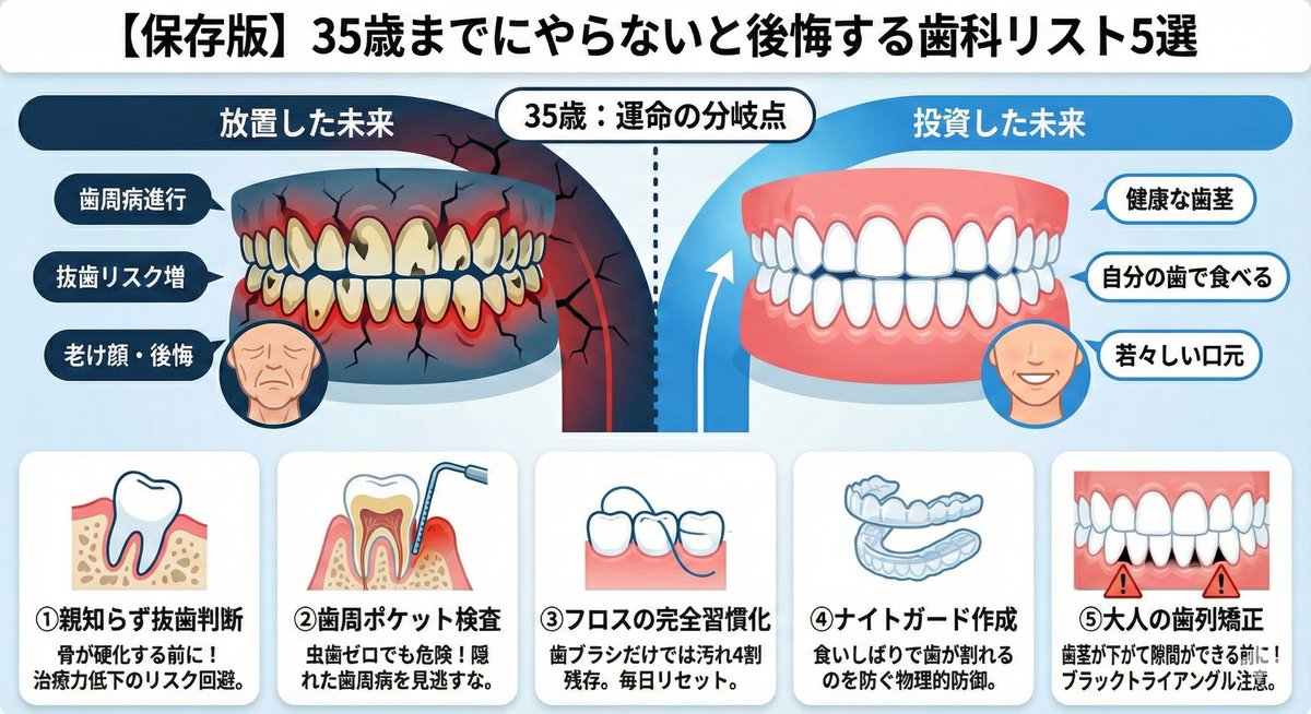 Dr_haku_dental's tweet photo. 35歳までにやっとかないと、ガチで後悔する歯科リスト🦷

① 親知らずの抜歯判断
35歳過ぎると骨が硬化して抜くのが大変＆治りが遅くなります。歯科医師に指摘されたら早めに抜歯しておきましょう。

② 歯周ポケット検査
むし歯ゼロでも、歯周病で歯を失うリスクが爆上がりする分岐点です。

③ フロス・定期検診の完全習慣化
歯ブラシだけじゃ汚れの6割しか落ちません。残りはフロスや歯間ブラシ、取り残しは歯科医院でのクリーニングで落としましょう。

④ ナイトガード（マウスピース）作成
仕事のストレス等の食いしばりで、歯が物理的に割れるのがこの年代です。歯ぎしりがあれば相談しましょう。

⑤ 成人の歯列矯正
歯並びを改善しようとし年齢が上がってから歯を動かすと、歯茎が下がって隙間ができる「ブラックトライアングル」のリスク増。歯茎が元気なうちに並べておきましょう！

「まだ大丈夫」が一番ヤバい。
35歳は「歯の寿命」が決まる分岐点です。

今のうちに歯に課金してください。
未来の自分への投資ですよ🦷