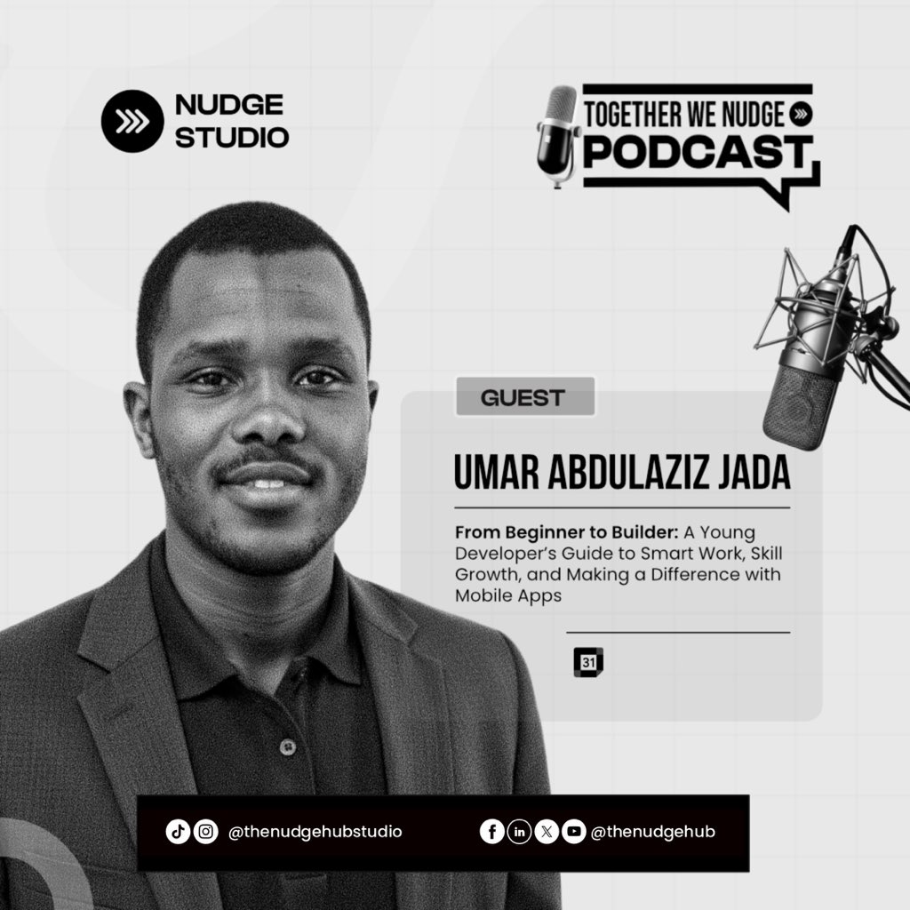 thenudgehub's tweet photo. Meet our guest for Episode 2 of the Together We Nudge Podcast.

Umar Abdulaziz Jada is a seasoned mobile developer with years of hands-on experience building scalable, user focused applications 
Episode drops soon. 

#TogetherWeNudge #PodcastGuest #TechConversation  #NudgeStudio https://t.co/H9BLbZR28Y