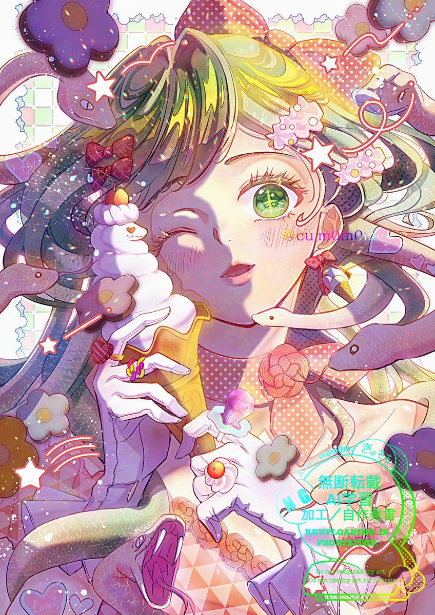 #伸びた伸びないは置いといて2025年自身が思う力作 

自分の好きなお菓子モチーフをはじめて詰め込んで描いた干支イラストです

2026年は、描きたい“かわいさ”が伝わりやすくなるような絵柄や塗り方などなど表現面も楽しく模索していく年にしたいです
（やったことないことにも挑戦したいなぁ…）