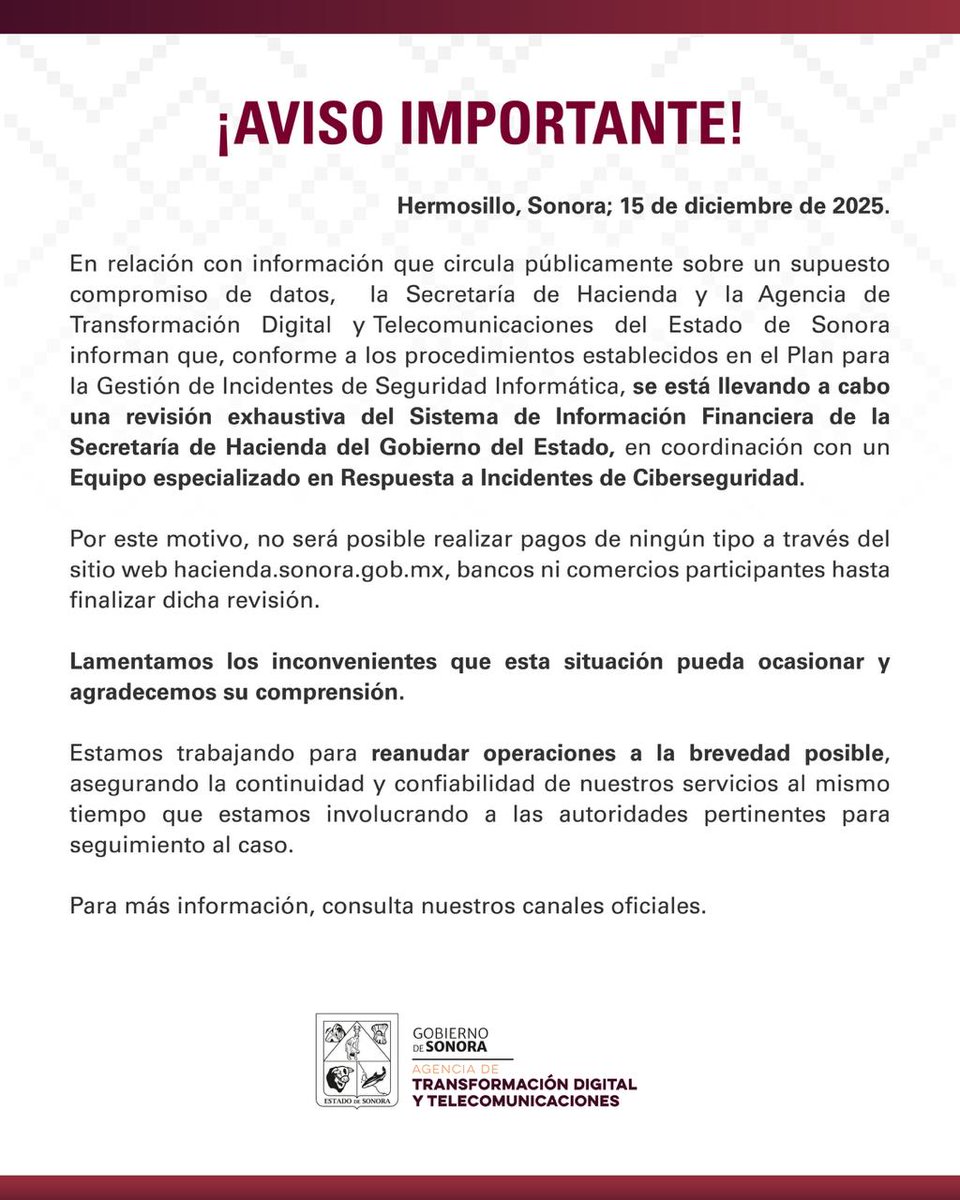 Informamos a la ciudadanía que se lleva a cabo una revisión exhaustiva del Sistema de Información Financiera de la Secretaría de Hacienda, como medida de seguridad.