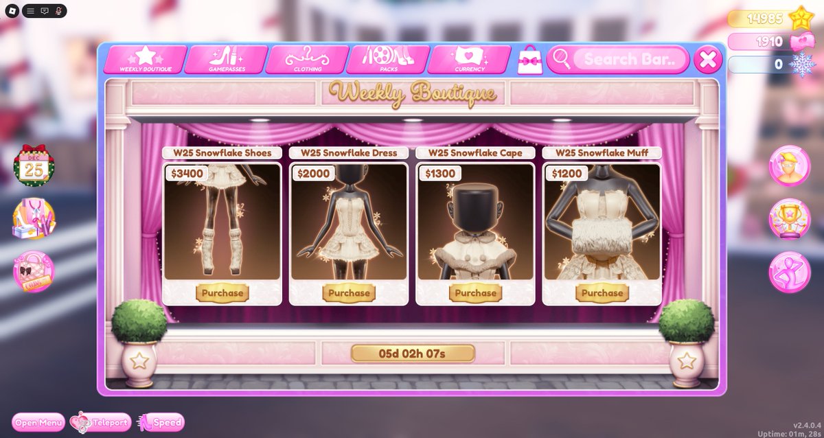 Two cool features I got to bring to life this winter for <a href="/_Dress2Impress/">Dress To Impress</a>!
- 2025 Advent Calendar (with the help of <a href="/PandalonesTV/">Pandalones</a> for the elf scavenger mechanic!)
- Weekly Boutique