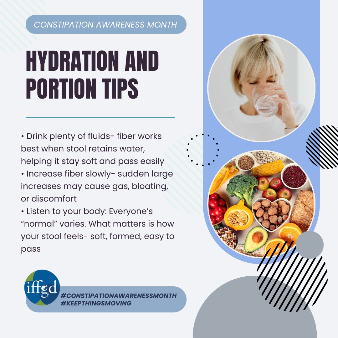 IFFGD's tweet photo. Fiber-rich foods, enough fluids, & mindful portions all play a role in keeping stool soft, formed, and easy to pass . Small changes can create long-term improvements in comfort, regularity, and overall digestive wellness #ConstipationAwarenessMonth #KeepThingsMoving https://t.co/YpH3qZSU0F