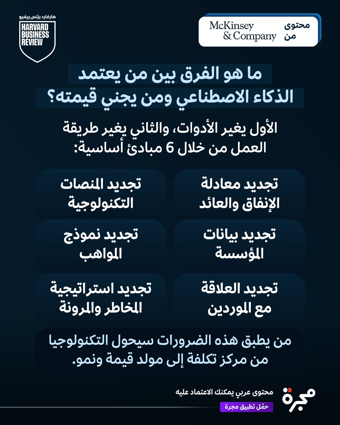 محتوى من ماكنزي آند كومباني: ما هو الفرق بين من يعتمد الذكاء الاصطناعي ومن يجني قيمته؟ الأول يغير الأدوات، والثاني يغير طريقة العمل.. لا تفوت التفاصيل في المقال 
