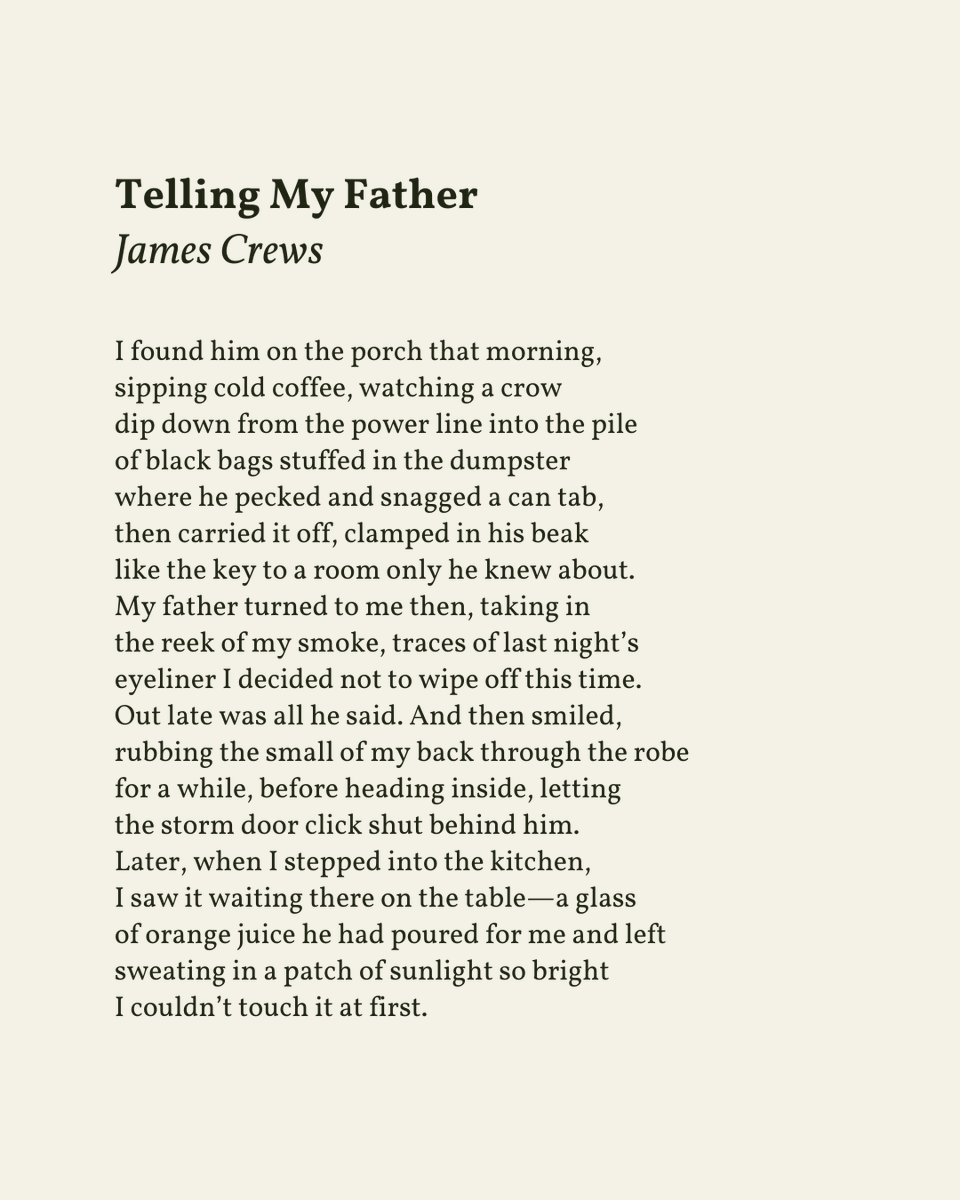 readalittlepoem's tweet image. “Out late was all he said. And then smiled, / rubbing the small of my back through the robe / for a while,”

— James Crews

.
.
.

This poem appeared in Healing the Divide by James Crews, published by Green Writers Press, 2019. Shared here with deep gratitude.