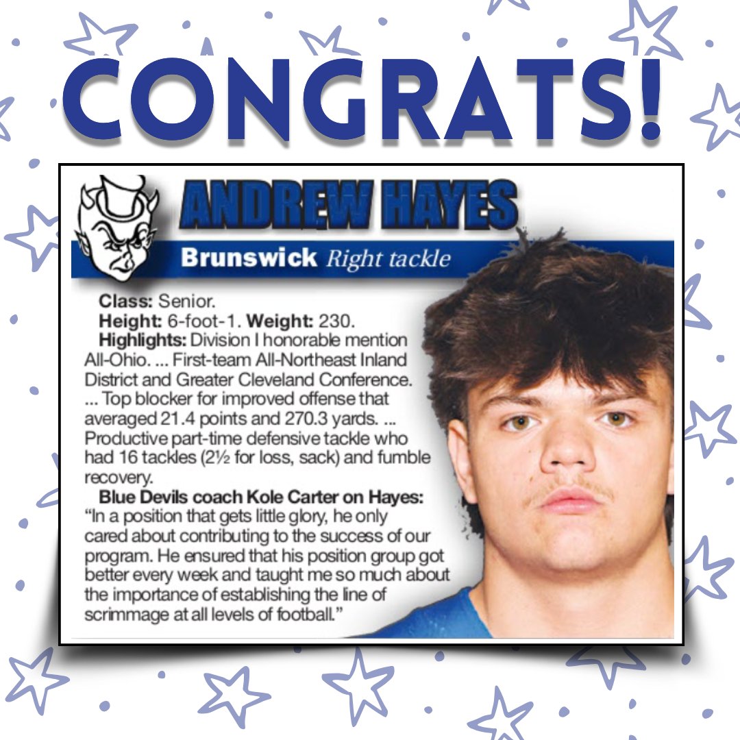BrunswickCSD's tweet photo. Congratulations to @BHSGoBigBlue @wickhsfb student-athletes Vincenzo DiTeodoro, Andrew Hayes, and Eli Nichols for earning 1st team All Gazette in football, and Brayden Miles for earning an Honorable Mention!  Check out Saturday’s @MedinaGazette for more information.  Way to go!  We are so proud of you! #BrunswickPRIDE #GoBigBlue