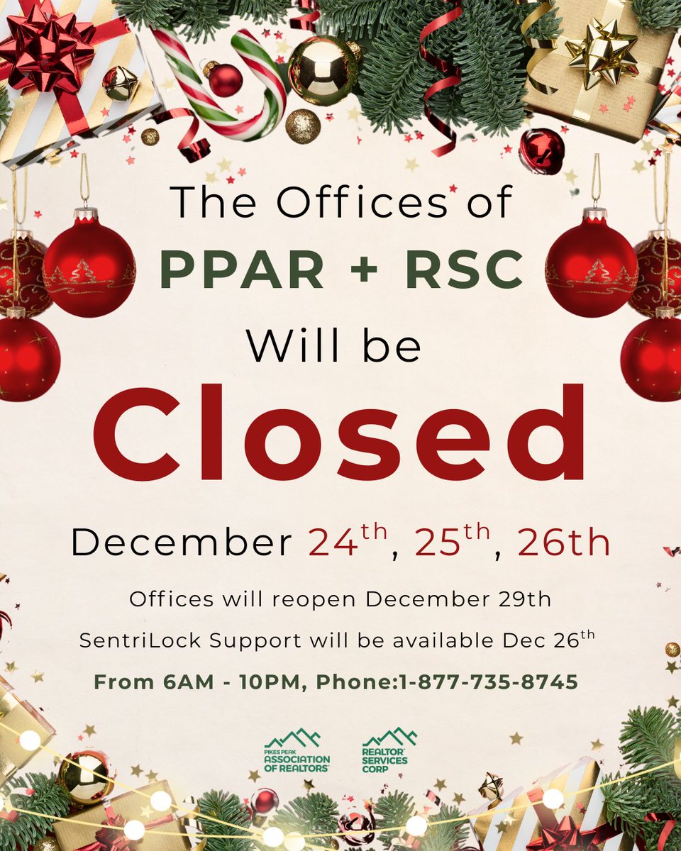 elevatemls's tweet photo. RSC + PPAR will be closed December 24th, 25th, &amp; 26th in Observance of the the Christmas holiday. Business will reopen December 29th at 8AM. SentriLock will be closed December 24th and December 25th, and will reopen December 26th at 6AM - 10PM. SentriLock Support: 1-877-735-8745 https://t.co/62bM58JaIq