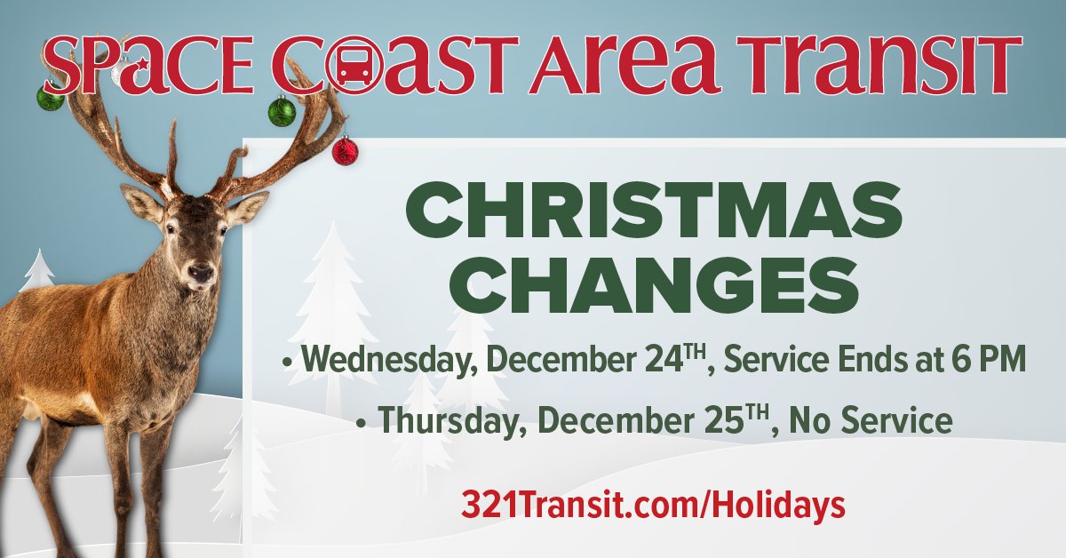 321Transit's tweet photo. #321Transit riders: Please note our Christmas service changes.
Wednesday, Dec. 24th: Service ends at 6 p.m.
Thursday, Dec. 25th: No service
View the full holiday schedule at https://t.co/Efu7S9bjbN
@BrevardCo_FL #321Transit #SpaceCoastAreaTransit #BrevardCounty https://t.co/CTCnIXZkYH