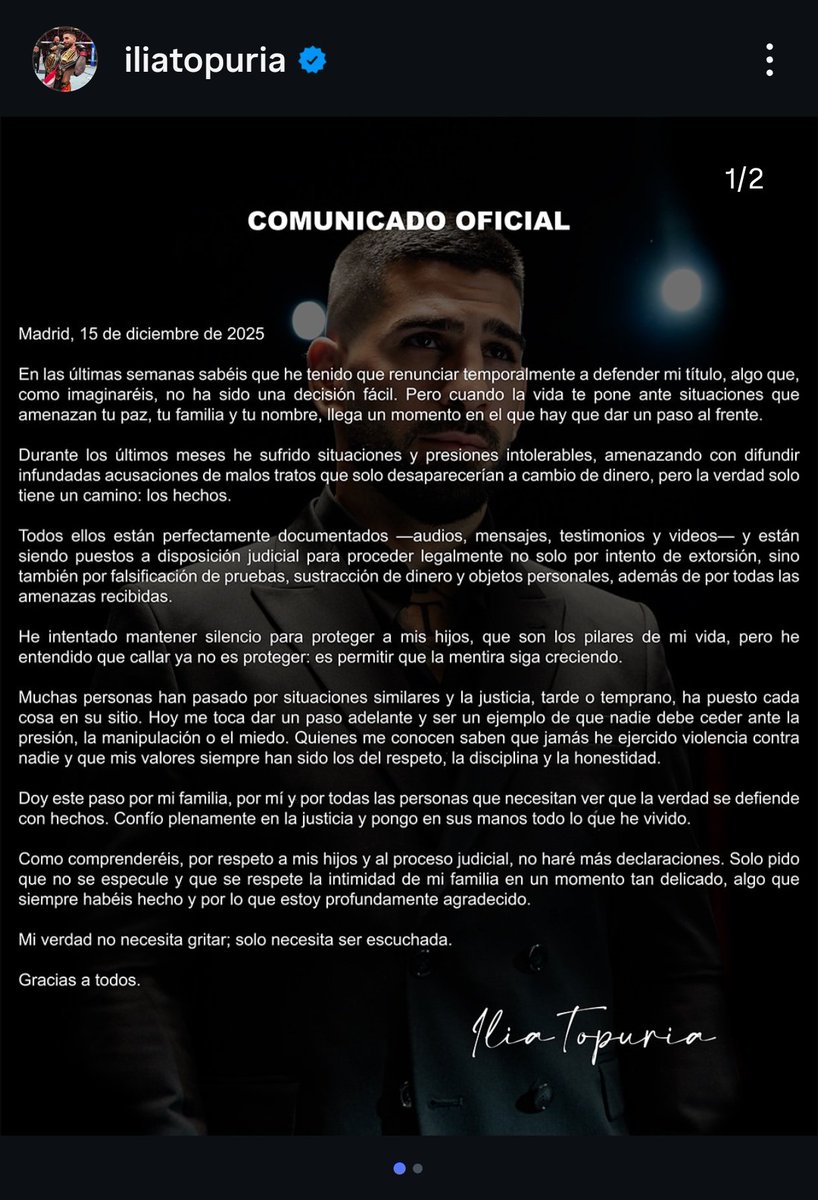 Clonazepamers's tweet image. Ilia Topuria acaba de soltar un comunicado donde afirma que su expareja le está amenazando con denunciarle por malos tratos si no le da X dinero a cambio. ☠️☠️☠️☠️

Luego se sorprenden cuando cada vez más chavales se convierten al incelismo.
