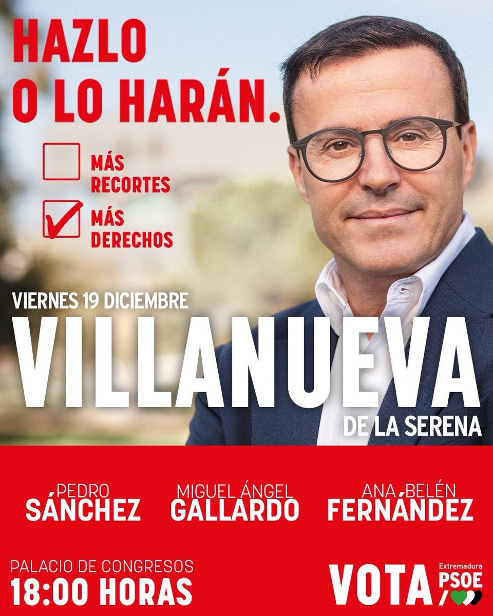 psoeex's tweet image. ¡ACTO DE CIERRE DE CAMPAÑA!

El próximo viernes ponemos fin a la campaña electoral desde Villanueva de la Serena. 

🌹 @magallardomir
🌹 @sanchezcastejon
🌹 @anabelenfergonz 

¡Os esperamos a todos! 

#HazloOLoHarán🌹
#VotaPSOE💚🤍🖤