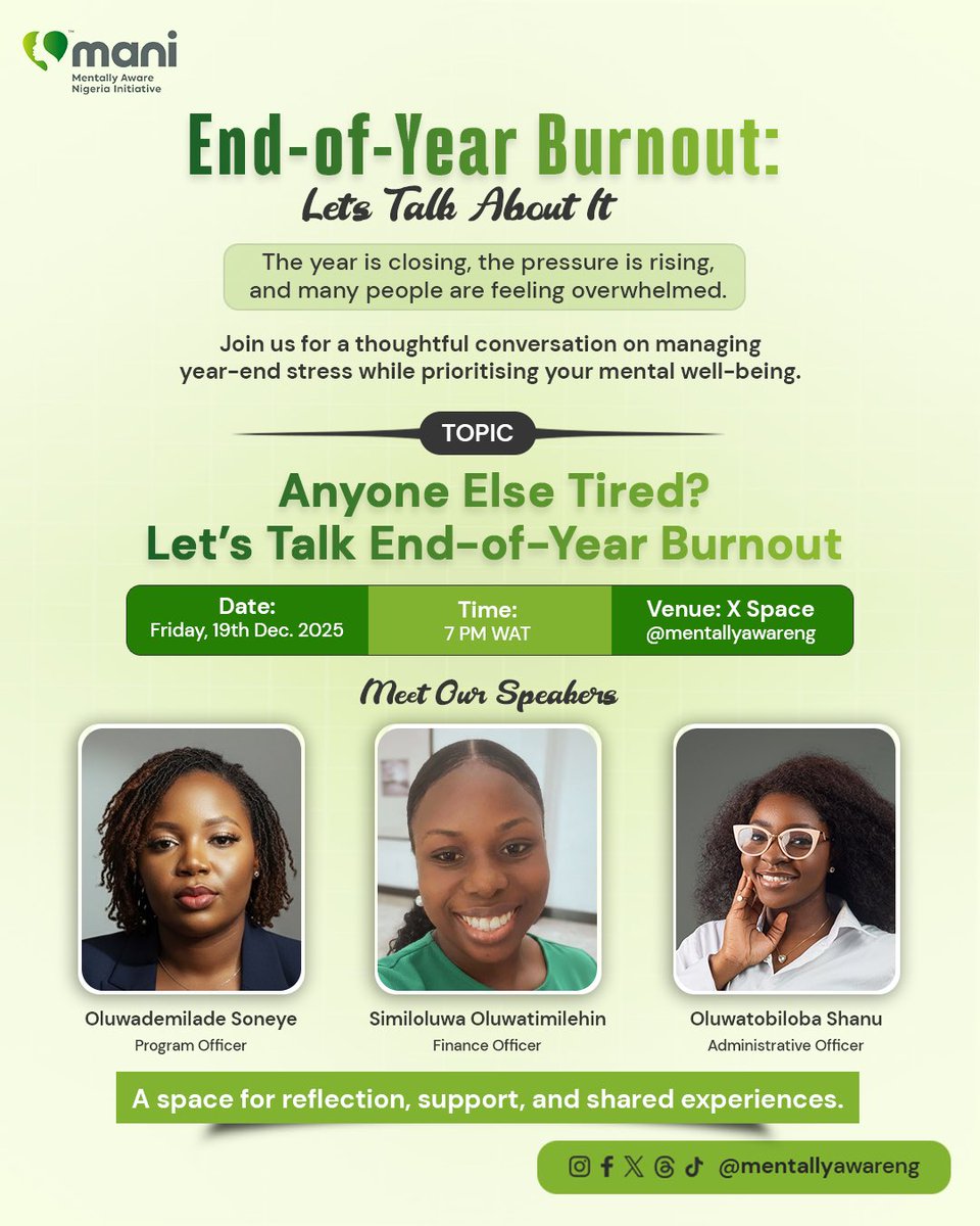 MentallyAwareNG's tweet photo. The world saw your productivity, but only you felt the weight it cost you.
This conversation is for you. Don’t miss the 19th of December 2025 Xspace at 7:00 pm WAT. Join our speakers @msdems_ @Oluwati47177022, @tunraymore to unpack.
#mentalHealth
#MANIXspace https://t.co/fWjD1ZTrNQ