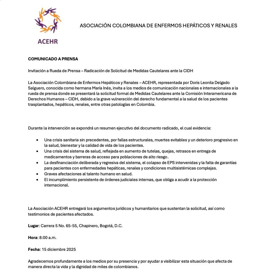 Fecoer's tweet photo. 🚨#UltimaHora En este momento, la Asociación Colombiana de Enfermos Hepáticos y Renales (@Acehrtrasplante) presenta solicitud formal de Medidas Cautelares ante la @CIDH para exigir la protección urgente de la vida, la salud y la dignidad de pacientes trasplantados, hepáticos, renales y con patologías complejas en Colombia.

Muertes evitables, falta de medicamentos, desfinanciación del sistema, colapso de EPS intervenidas y el incumplimiento reiterado de órdenes judiciales obligan a acudir a la protección internacional, ante la ausencia de garantías efectivas en el país.
#DerechoALaSalud #CIDH #CrisisEnSalud #PacientesTrasplantados