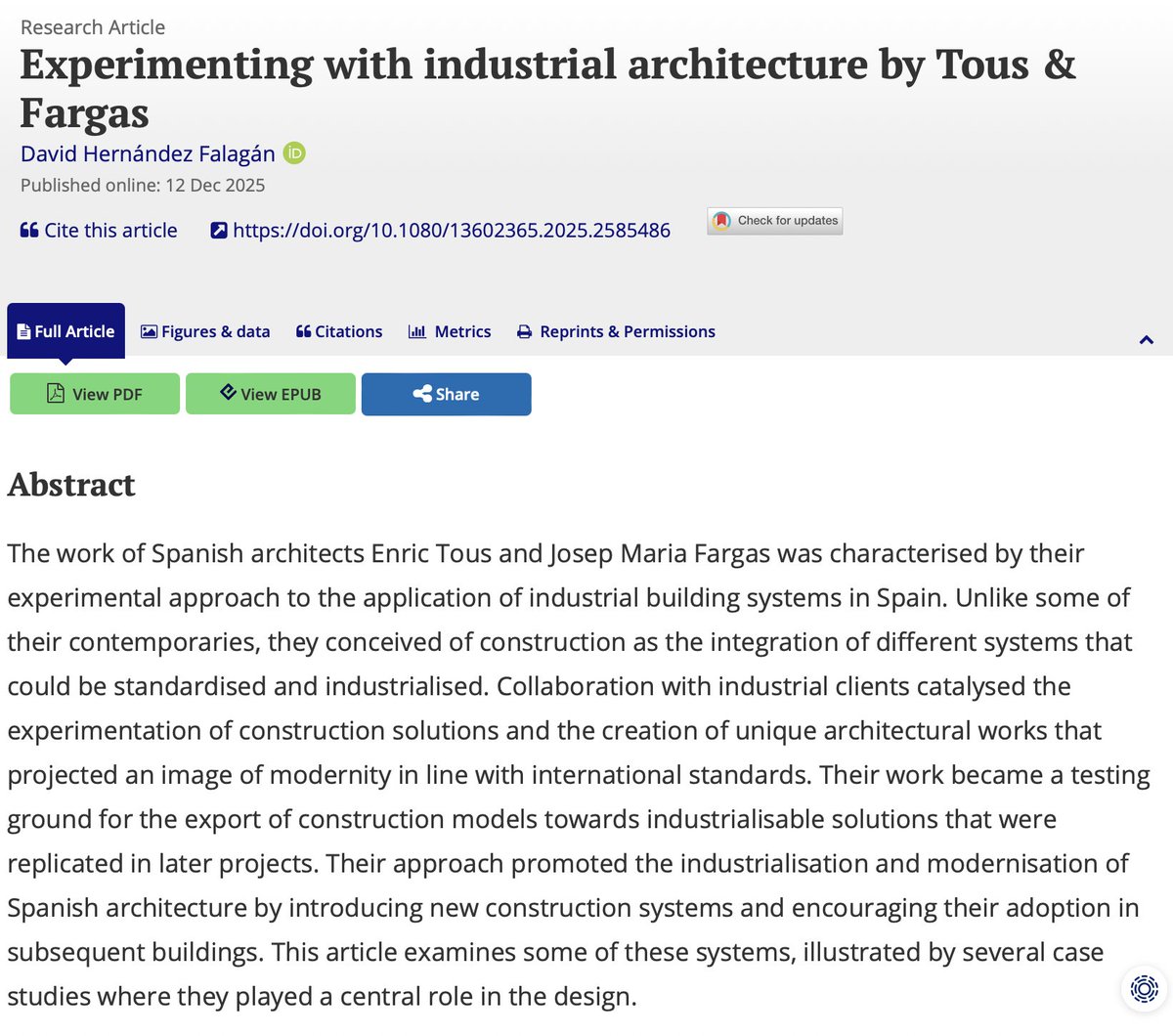 Experimenting with industrial architecture by Tous &amp; Fargas
New article published at <a href="/JournalofArch/">The Journal of Architecture</a> 
tandfonline.com/doi/full/10.10…