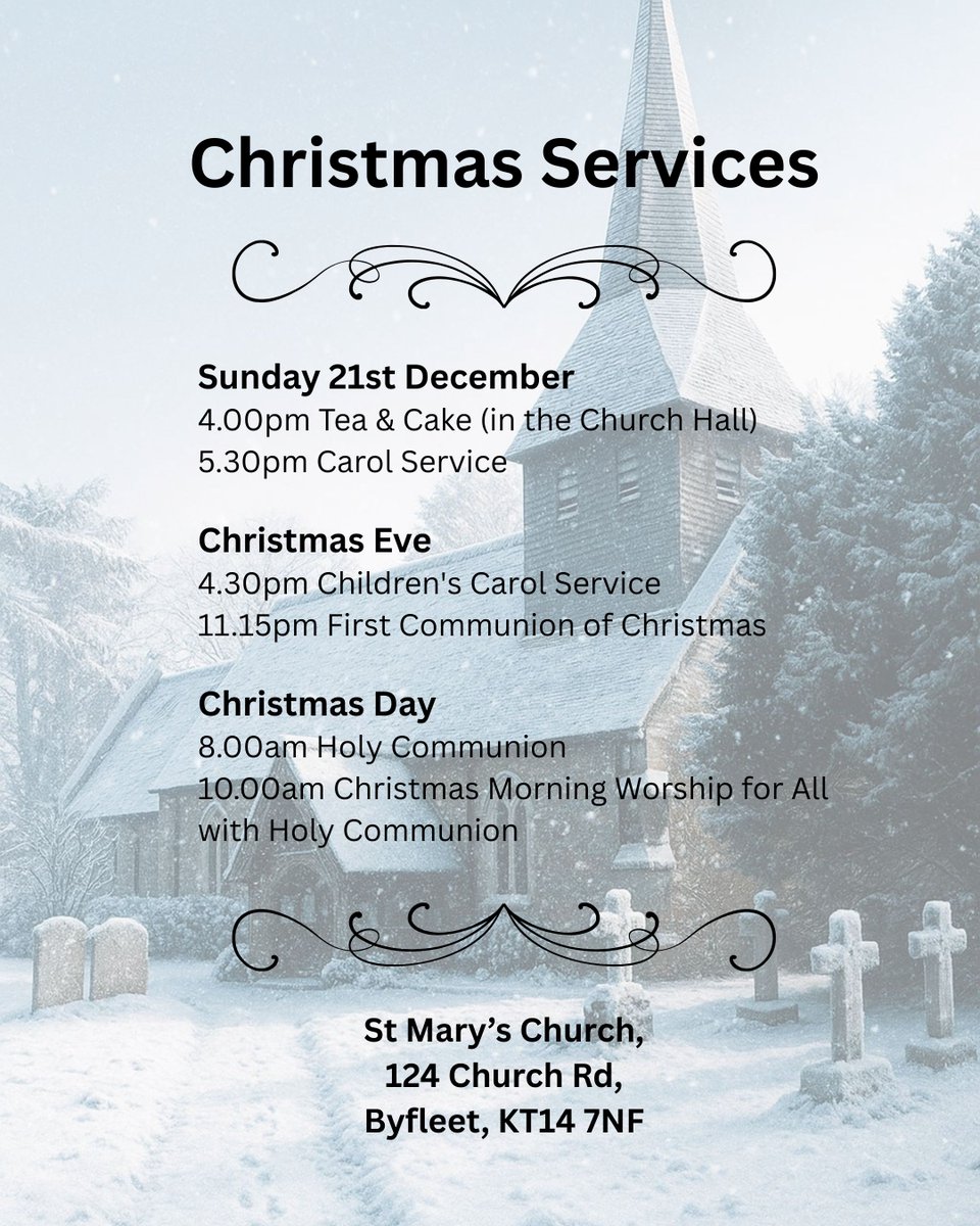 StByfleet's tweet image. As Christmas approaches, please find the details below for the services at St Mary's, Byfleet.
We look forward to seeing you there.
#Christmas2025 #Christmascarols #Nativity #Jesus