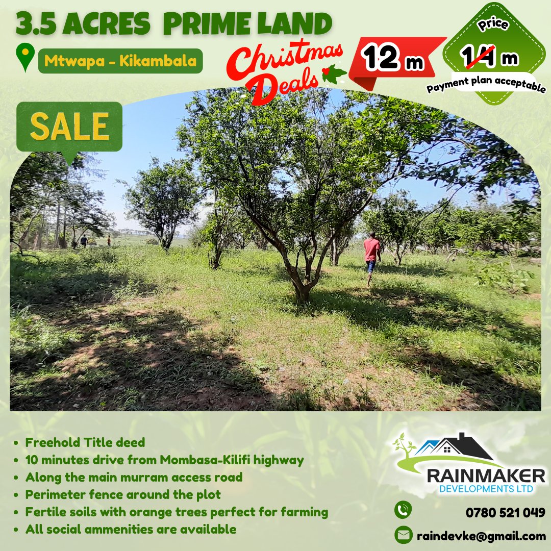 KeRainmaker's tweet image. 🌟 Prime Land Investment Alert! 🌿

🎄 Christmas Offer: KES 12M (Was 14M)
Own 3.5 Acres in Majengo–Kikambala
✅ Fertile soil &amp;amp; flat terrain – ideal for farming or development
✅ Excellent road access in a fast-growing area

📞 0780521049 | 📧 raindevke@gmail.com