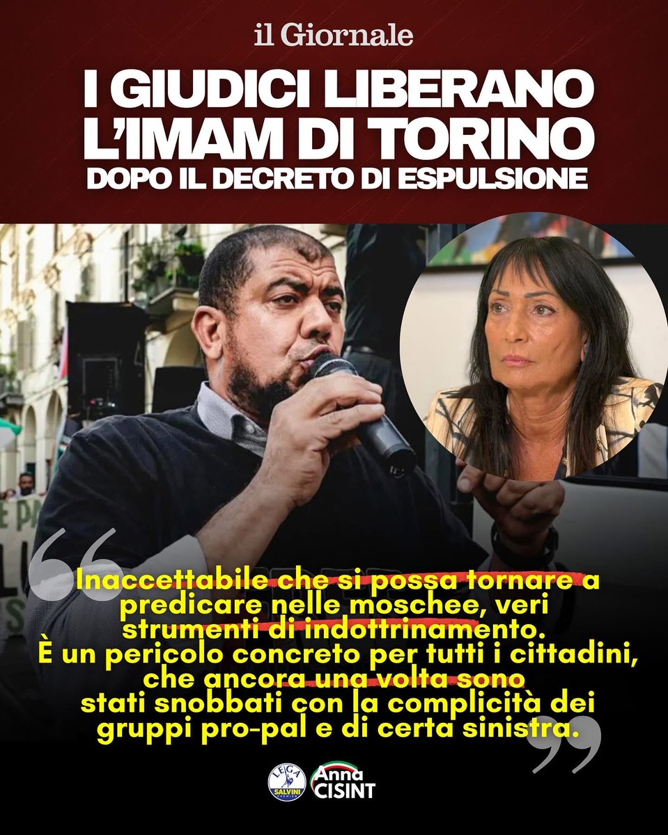 🔴I giudici liberano l’Imam di Torino dopo il decreto di espulsione del Ministero dell’Interno‼️
❌Ma quanto conta la sicurezza dei cittadini e del nostro Paese?

#lega #patrioti