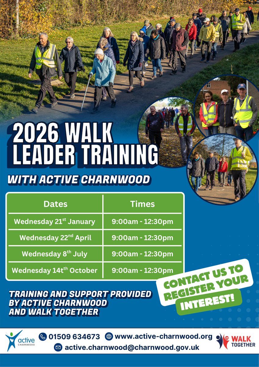ActiveCharnwood's tweet image. Walk Leader Training starts 21st January 

Don’t forget to register your interest in our free Walk Leader Training running across 2026, supporting safe and welcoming community walks

👉 active-charnwood.org/wellbeing-walks

#ActiveCharnwood #WalkLeaderTraining #CommunityWalking
