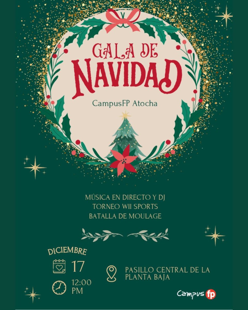 🎅🎄 El próximo miércoles 17, CampusFP Atocha celebra su Gala de Navidad, donde alumn@s y profes disfrutarán de una divertida jornada con música en directo, torneo de Wii Sports y Batalla de Moulage. ¡Una forma estupenda de despedir el año!

#Navidad #CampusFP #Atocha