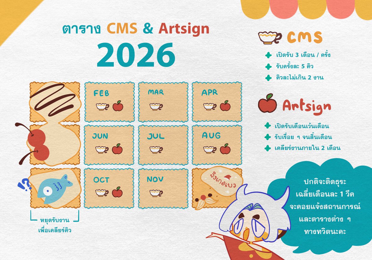 abirdwithhorns's tweet photo. 📌 กำหนดเปิดคมช. + อาร์ตไซน์ปี 2026 💖
จะเปลี่ยนมาอัพเดทคิวทางทวิตรายสัปดาห์ค่ะ!

✅ รับคมช.โอมากาเสะ / ออกแบบตาม���อนเซปต์
✅ แจ้งกำหนดการของแต่ละเดือนทุกต้นเดือน
✅ มีโค้ดลดราคาใน arbum เป็นระยะ

📥 รับงานทั้งทาง arbum และทวิตเตอร์
📄 TOS : https://t.co/df10g7E9H9 https://t.co/YGZfGQDUZe