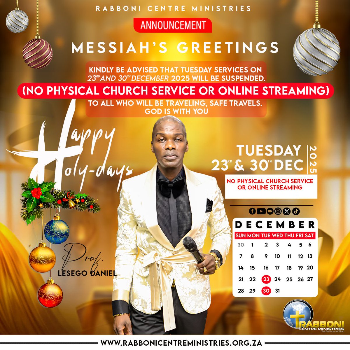IAmLesegoDaniel's tweet photo. πππππ ππππ-ππππ #ServiceAnnouncement #December2025 #TuesdaySchool #PresentWithYouInSpirit #DelightYourselfInTheLord #RemainTheSame
Even on holiday, we remain the sameβrooted in prayer, the Word, and meditation. Tuesday services (23 & 30 Dec 2025) are suspended. To all traveling, safe travels. God is with you.
