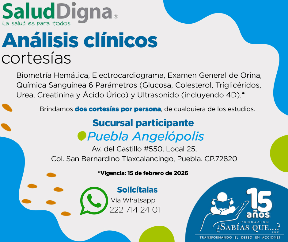 Amigos de <a href="/SABIASQUEIBP/">Fundación ¿Sabías que...? IBP</a>, con el apoyo de nuestros aliados de <a href="/saluddignamx/">Salud Digna</a>, queremos cuidar de su salud.  Brindamos cortesías para la realización de distintos estudios clínicos preventivos.  Los invitamos a aprovecharlos.  #yosoysabiasque