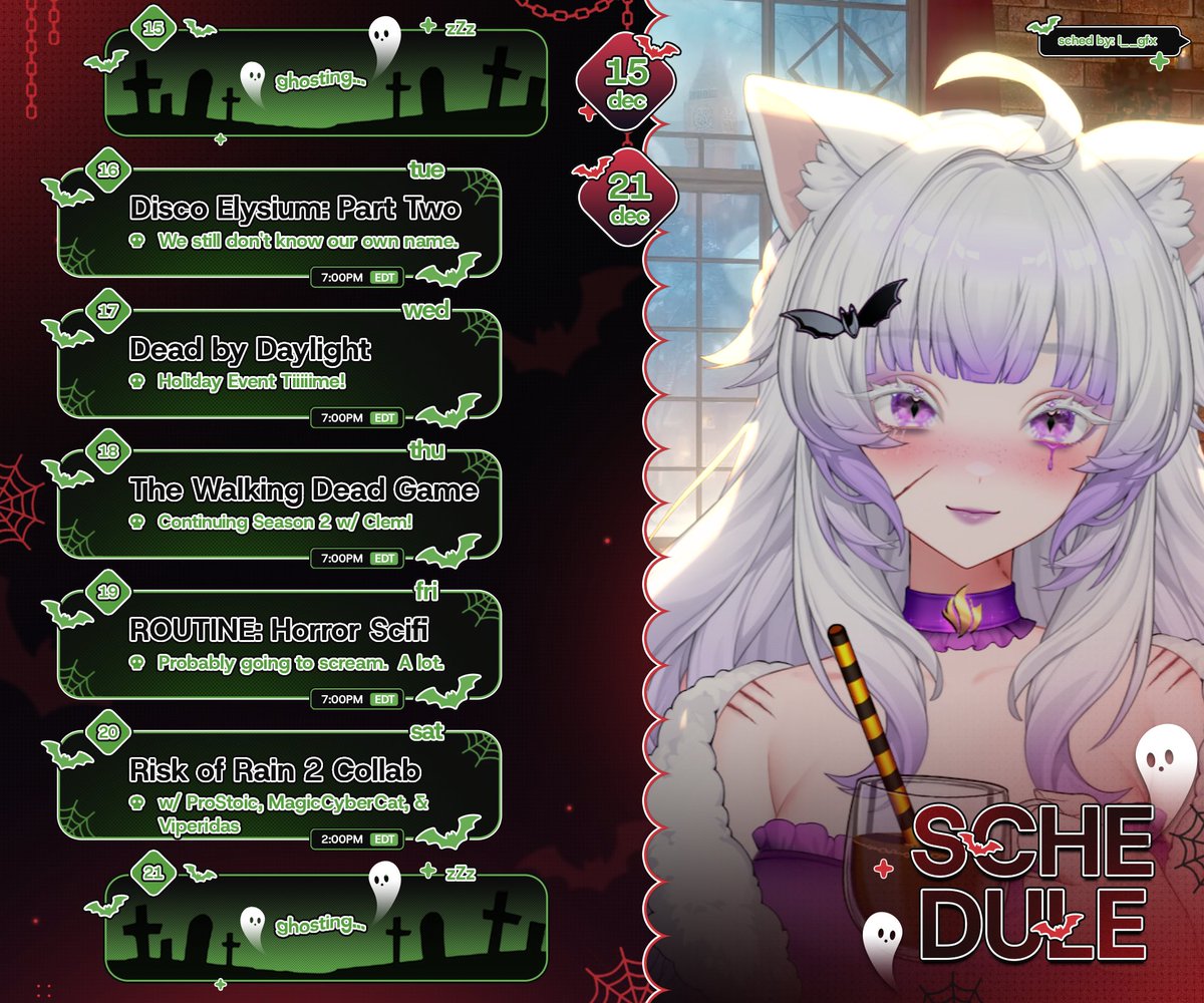 KeefBeefVT's tweet image. ⋆｡𖦹°⭒ Schedule for this week! 𖦹°⭒˚｡⋆

✶⋆.˚ Tues: Disco Elysium: Part 2
✶⋆.˚ Wed: Dead by Daylight
✶⋆.˚ Thur: Walking Dead Game: Season 2 cont.
✶⋆.˚ Fri: ROUTINE
✶⋆.˚ Sat: Risk of Rain 2 w/ ProStoic, MagicCybercat, &amp;amp; Viperidas