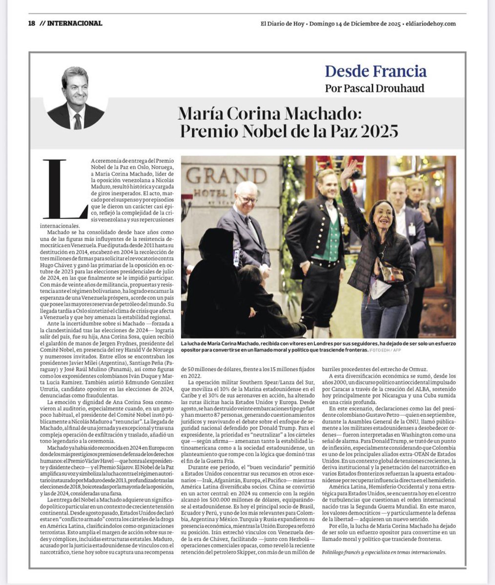 #MariaCorinaMachado 🇻🇪, figure de l’opposition à #NIcolasMaduro 🇻🇪, s’est vue décerner le #PrixNobeldelaPaix . Que signifie la remise de ce prix prestigieux tandis que le #Venezuela 🇻🇪 est dans le cœur des tensions avec les #USA? eldiariodehoy.com/opinion/maria-… <a href="/MariaCorinaYA/">María Corina Machado</a>
