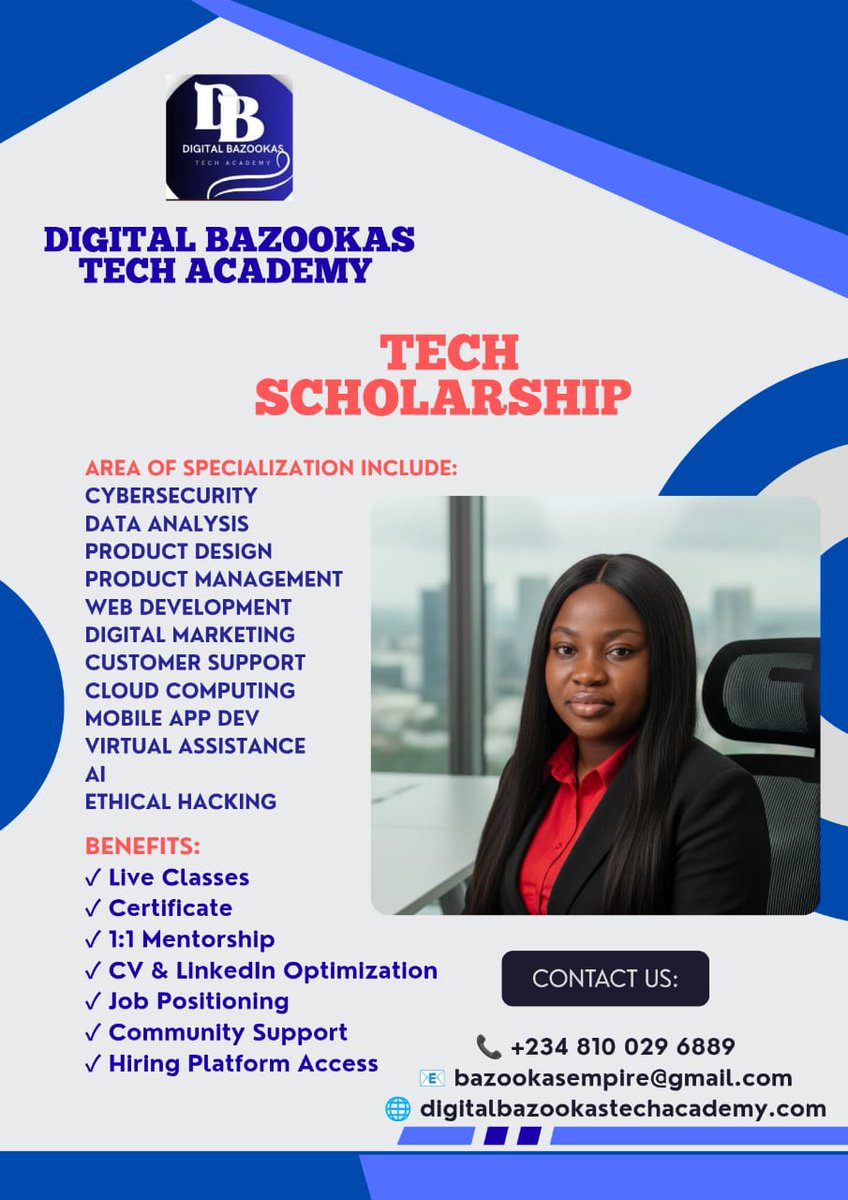bazookae's tweet photo. Today's content

🚀 TECH SCHOLARSHIP NOW OPEN!

No tech background? No problem.

In Fill out the form: the Digital Bazookas Tech Scholarship takes you from beginner to job-ready.Fill out

📞 Call/WhatsApp: +234-703-044-7444

📝 Fill the form:

https://t.co/gsN0oB8zbF https://t.co/GoiCYnp0us