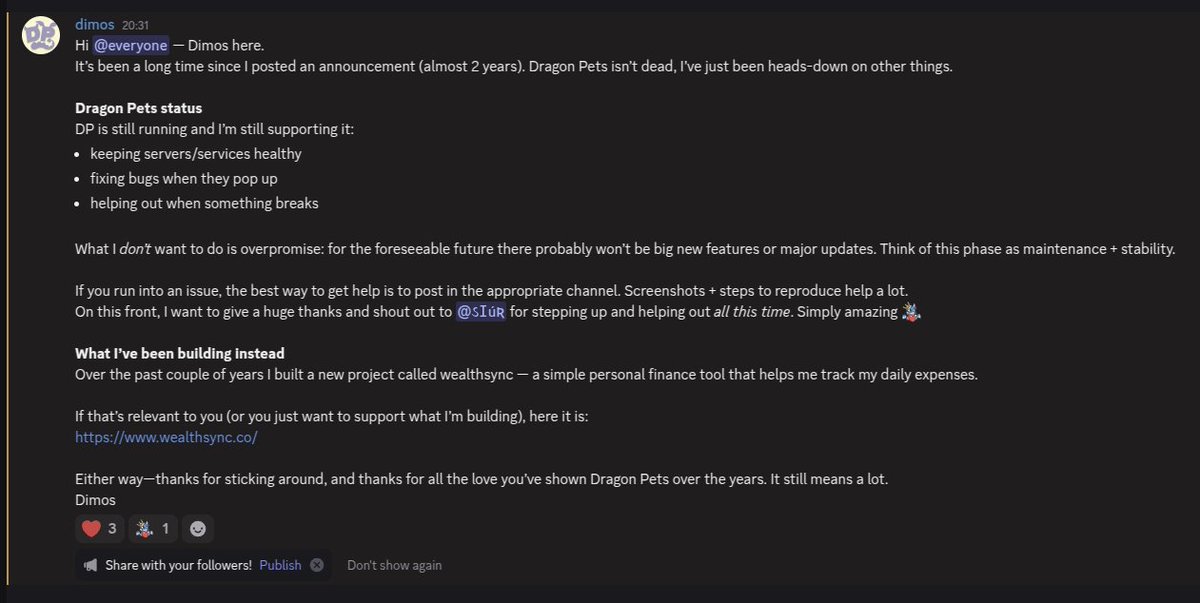 Next, I'll try the Discord server from one of my old projects <a href="/DragonPetsApp/">Dragon Pets</a>

It's an amazing group of people (~800 members), still semi-active after 2 years but probably not the right audience. Still, worth trying