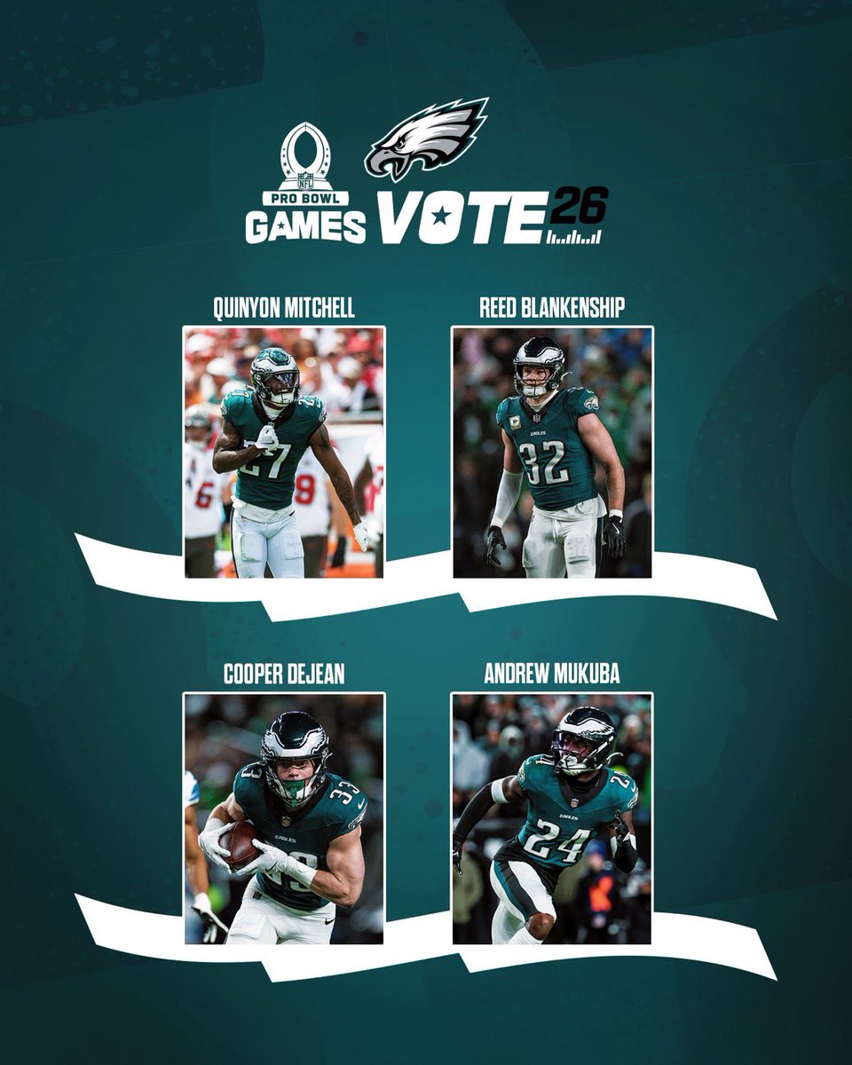LAST VOTE DAY ‼️
Votes count DOUBLE

1 RT = 2 votes 

Quinyon Mitchell x #ProBowlVote
Reed Blankenship x #ProBowlVote
Cooper DeJean x #ProBowlVote
Andrew Mukuba x #ProBowlVote
