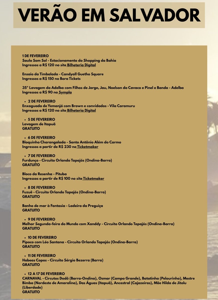 eubiandrade's tweet image. VEIO AÍ: A agenda do verão em Salvador! 

São mais de 70 eventos confirmados até o Carnaval. Tem festa gratuita, evento privado, show de rock, pop, pagode, axé e até música religiosa. 

A lista será atualizada na medida que novos eventos forem anunciados.