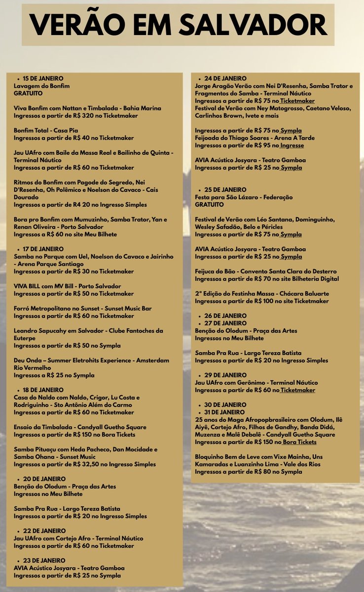 eubiandrade's tweet image. VEIO AÍ: A agenda do verão em Salvador! 

São mais de 70 eventos confirmados até o Carnaval. Tem festa gratuita, evento privado, show de rock, pop, pagode, axé e até música religiosa. 

A lista será atualizada na medida que novos eventos forem anunciados.