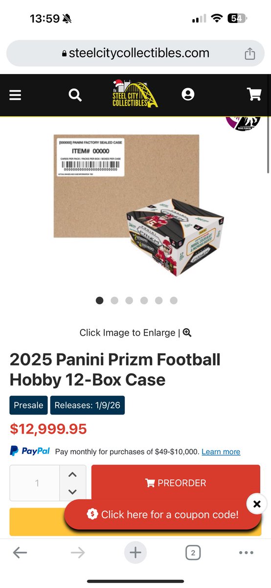 Have (3) 2025 Prizm Football hobby cases available for pre-sale. Will ship approx 3 days after release. 
$9000 each or all 3 for $26,000. 

My last pre-sale product I bought! 
LMK if interested. 6 years in industry, lots of references &amp; on dealernet. Or I can do on eBay for $9750