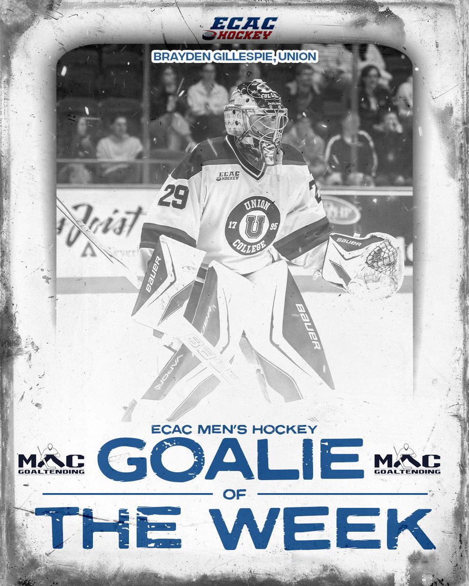 ecachockey's tweet image. .@MacGoaltending Goalie of the Week: Brayden Gillespie was locked in between the pipes, going 2–0 with a 1.51 GAA, .909 save percentage, and 30 saves. 🥅 @Unionmhockey

@Storm_City @AyrCentennials @vaughankingsAAA 

#ECACHockey