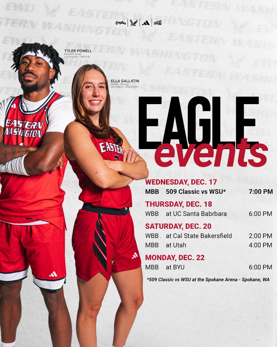 EWUAthletics's tweet image. It's a busy week for the Eagles! @EWUWBB is on the road, while @EWUMBB will play WSU at the Spokane Arena on Wednesday Dec. 17th before heading to Utah to play BYU and Utah. For full schedule details and tickets, visit goeags.com

#Basketball #509Classic #Spokane