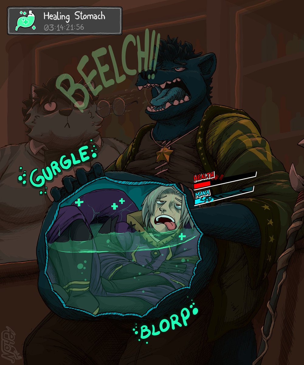 Wizard friends make for great mana batteries. I snack on one under the guise of healing their health, conveniently forgetting to mention how long the healing will take. The whole time they're stuck in that fat gut of mine, I am draining away their magic. I'll put it to better use