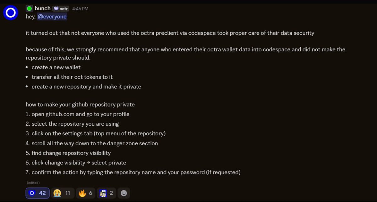 ⚠️ Security Alert
Running Octra on GitHub Codespaces with a public repository can expose wallet data.

If you used a public repo:
Create a new wallet
Transfer all OCT tokens
Re-run using a private repository
Do not reuse exposed wallets.

📘 Full guide: airdropcloud.info/octra.html