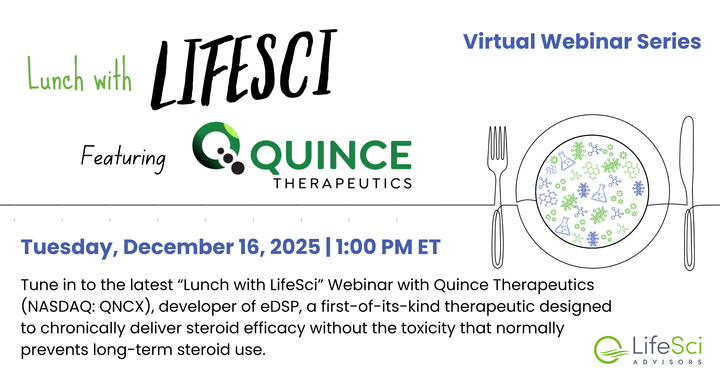 LifeSciAdvisors's tweet photo. Join LifeSci Advisors tomorrow, Dec. 16 at 1pm ET for our virtual webinar series, “Lunch with LifeSci” featuring @Quince_Tx $QNCX, a late-stage rare-disease biotech company nearing a major catalyst with Phase 3 data expected in Q1 2026.

Register: https://t.co/WqTvpcniY1 https://t.co/mr7bVRsPtm