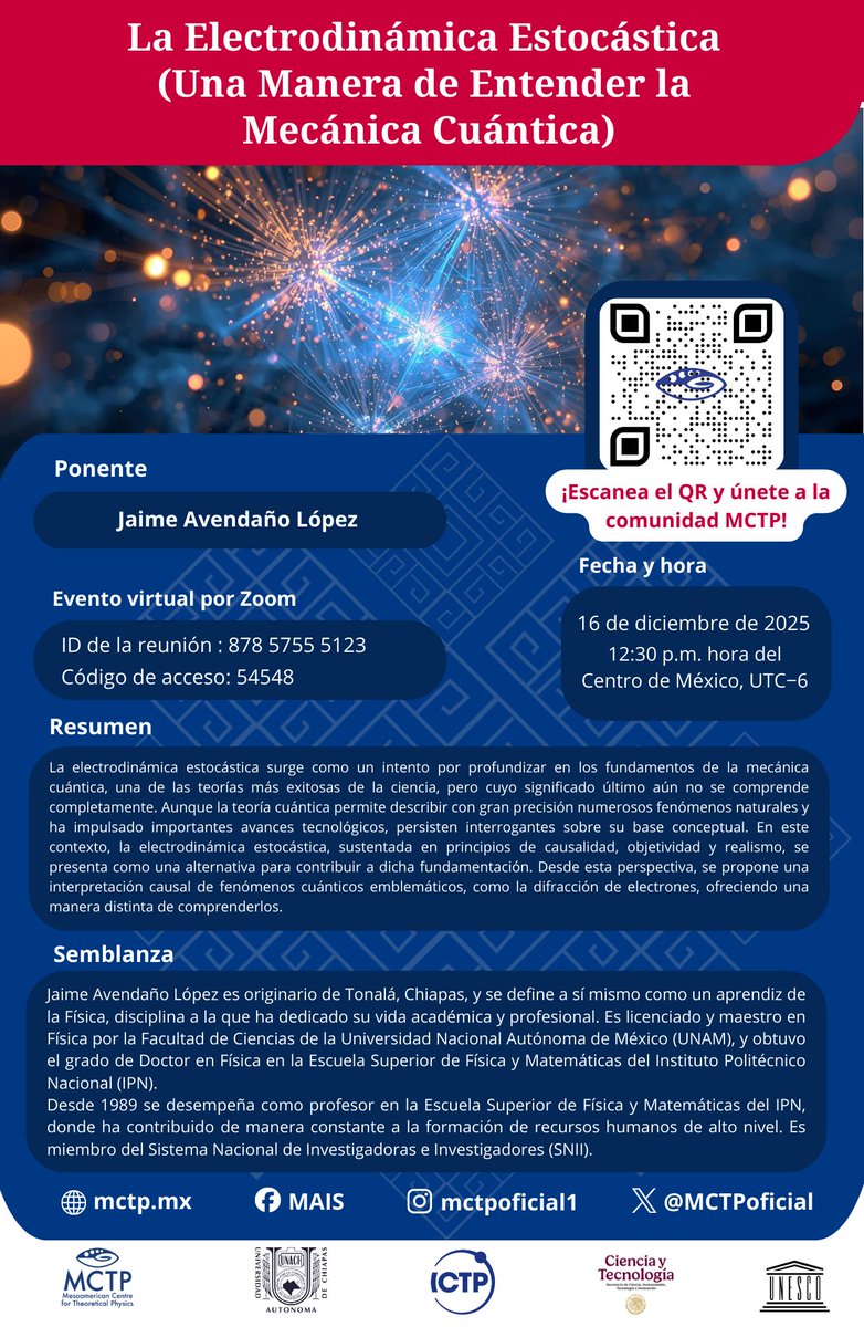 MCTPoficial's tweet photo. El Centro Mesoamericano de Física Teórica invita al seminario impartido por Jaime Avendaño López (ESFM-IPN, SNII).

🗓 16 de diciembre de 2025
⏰ 12:30 h (CDMX)
💻 Modalidad: Zoom
🔐 ID: 878 5755 5123
🔑 Código: 54548 https://t.co/ZMxAE7OGFc