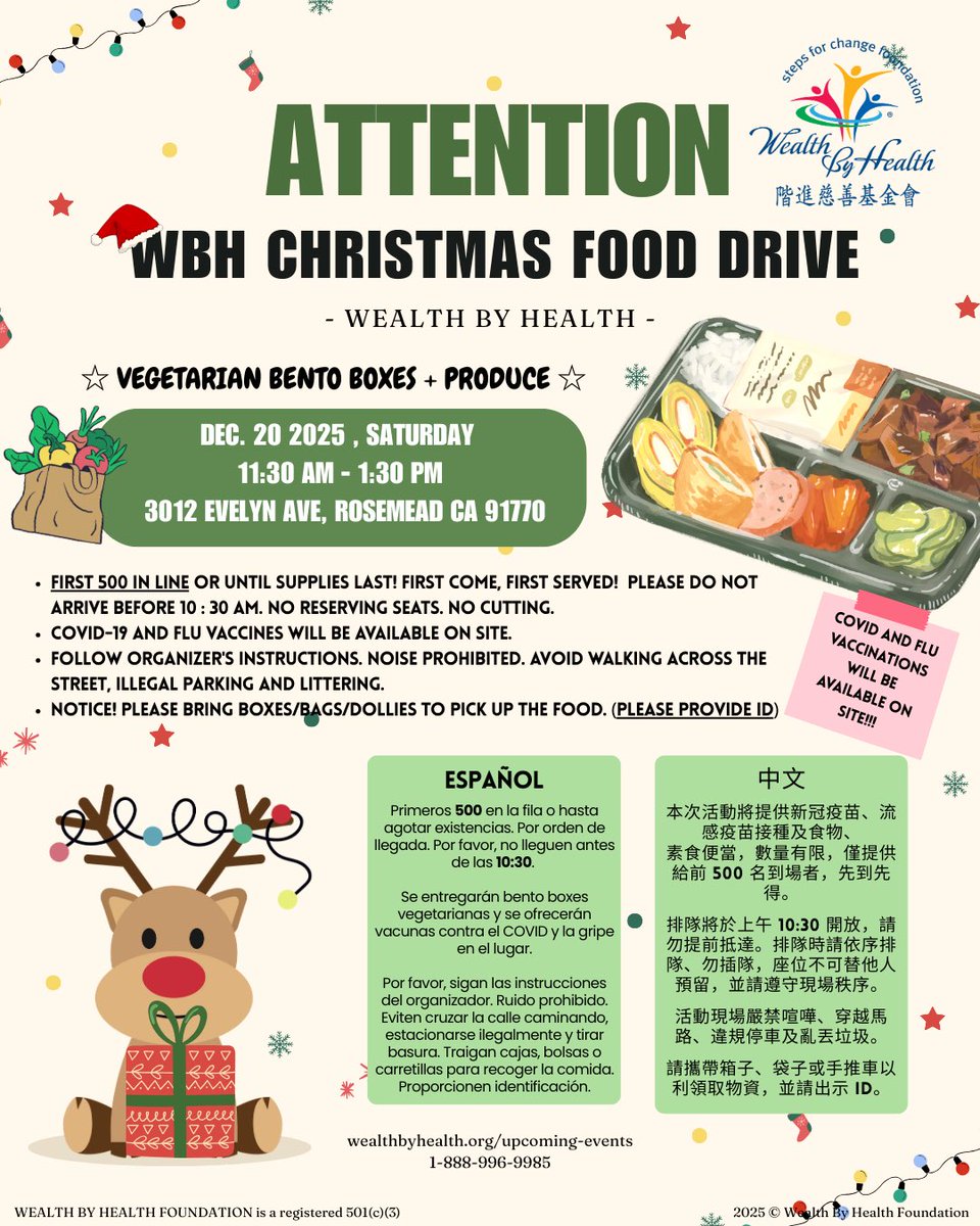 wbh_org's tweet photo. 📢 On Saturday, December 20th, 2025, WBH is hosting a special Christmas Food and Health Drive! 🎁🎄

📅 Saturday, Dec 20 | ⏰ 11:30 AM - 1:30 PM
📍3012 Evelyn Ave., Rosemead, CA 91770
🛒 Food Pantry and Vaccinations 
💌 All services are FREE to the community! https://t.co/N17uDmHPcj
