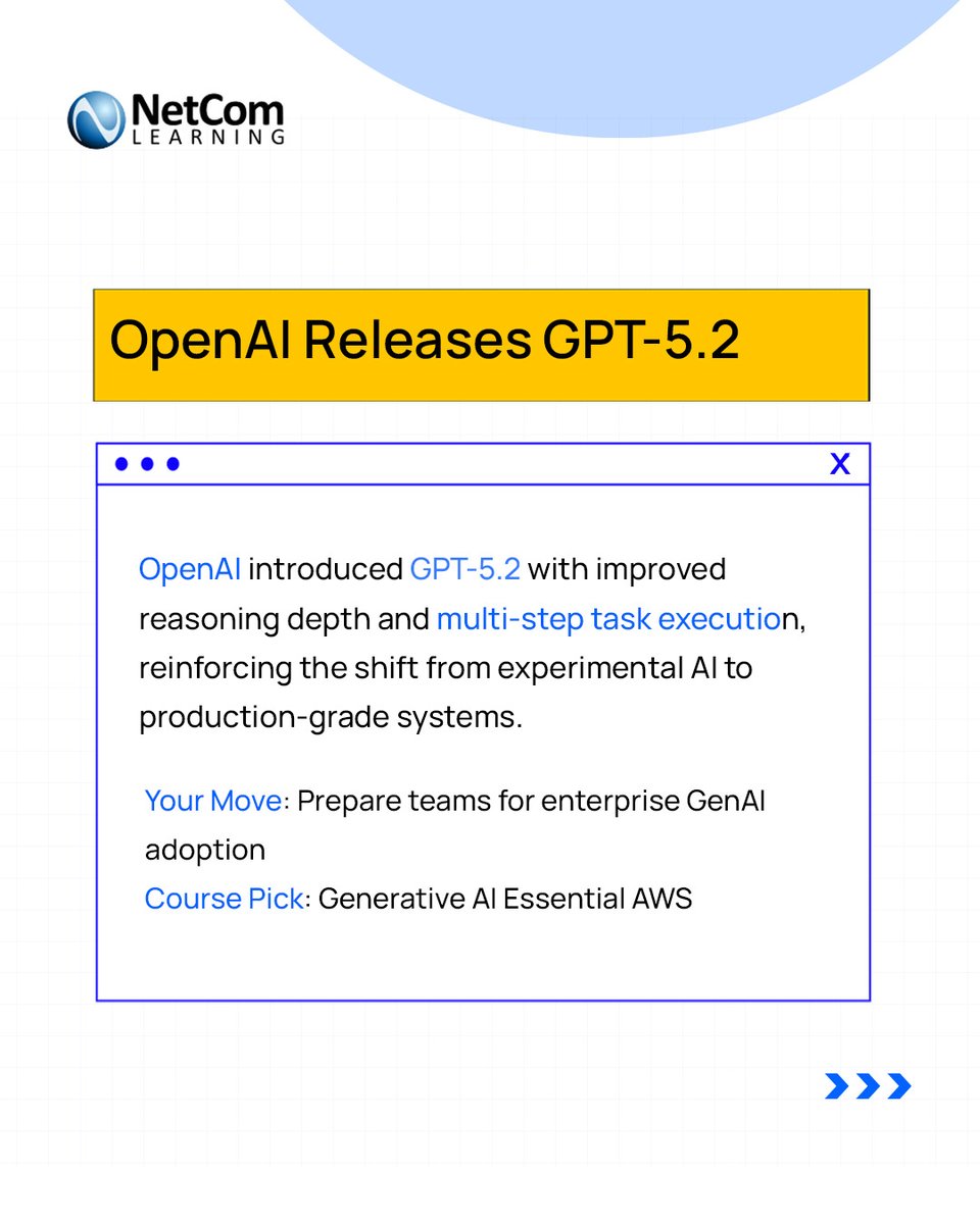 NetComLearning's tweet image. AI is moving from experiments to enterprise-scale execution.

Last week: GPT-5.2 launched, Accenture scales Claude, and Microsoft Copilot goes global.

Shape the next phase of digital transformation with us.

Explore here: netcomlearning.com/?advid=592&amp;amp;utm…

#OpenAI #NetcomLearning