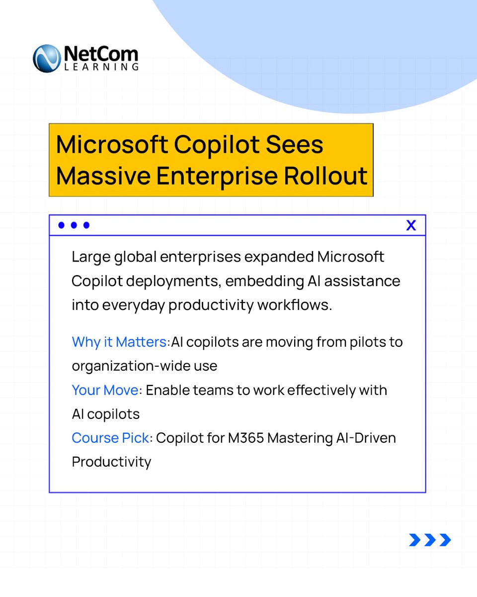 NetComLearning's tweet image. AI is moving from experiments to enterprise-scale execution.

Last week: GPT-5.2 launched, Accenture scales Claude, and Microsoft Copilot goes global.

Shape the next phase of digital transformation with us.

Explore here: netcomlearning.com/?advid=592&amp;amp;utm…

#OpenAI #NetcomLearning