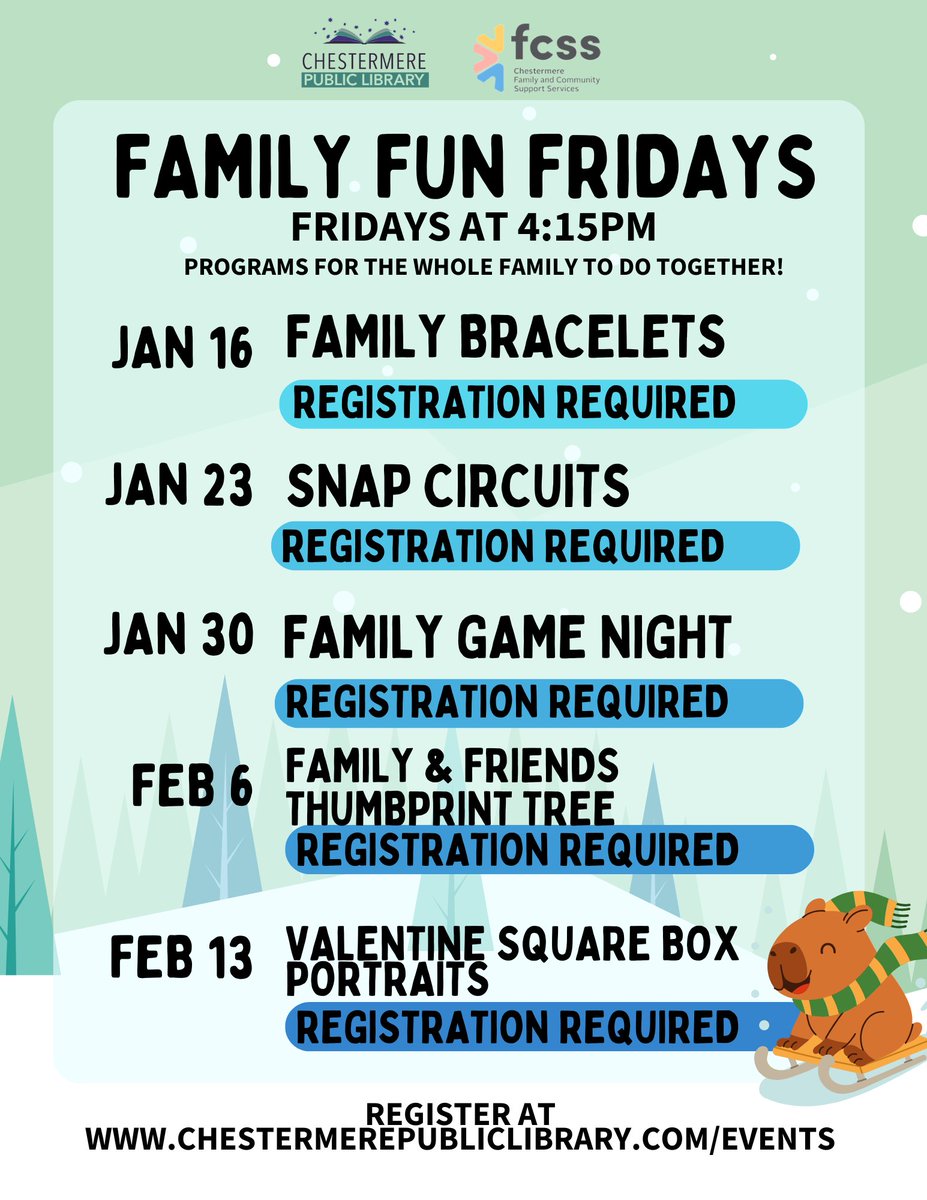 Join us every Friday for a new craft, activity, or event for the whole family. Fun Family Fridays are sponsored by Chestermere Family and Community Support Services.
Registration required.
View program availability and registration on our website.
chestermerepubliclibrary.com/events