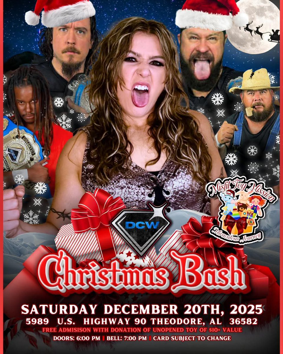 WOWMediaPro2000's tweet image. THIS SATURDAY! DCW Presents CHRISTMAS BASH! At the Bullet Bob Armstrong Memorial Arena, Theodore, AL! FREE ADMISSION with a new toy donation of $10 or more! Doors Open at 6pm, Belltime's at 7pm!

#WOWMedia #DCW #ChristmasBash #MisfitToyMission #WrestlingForACause
